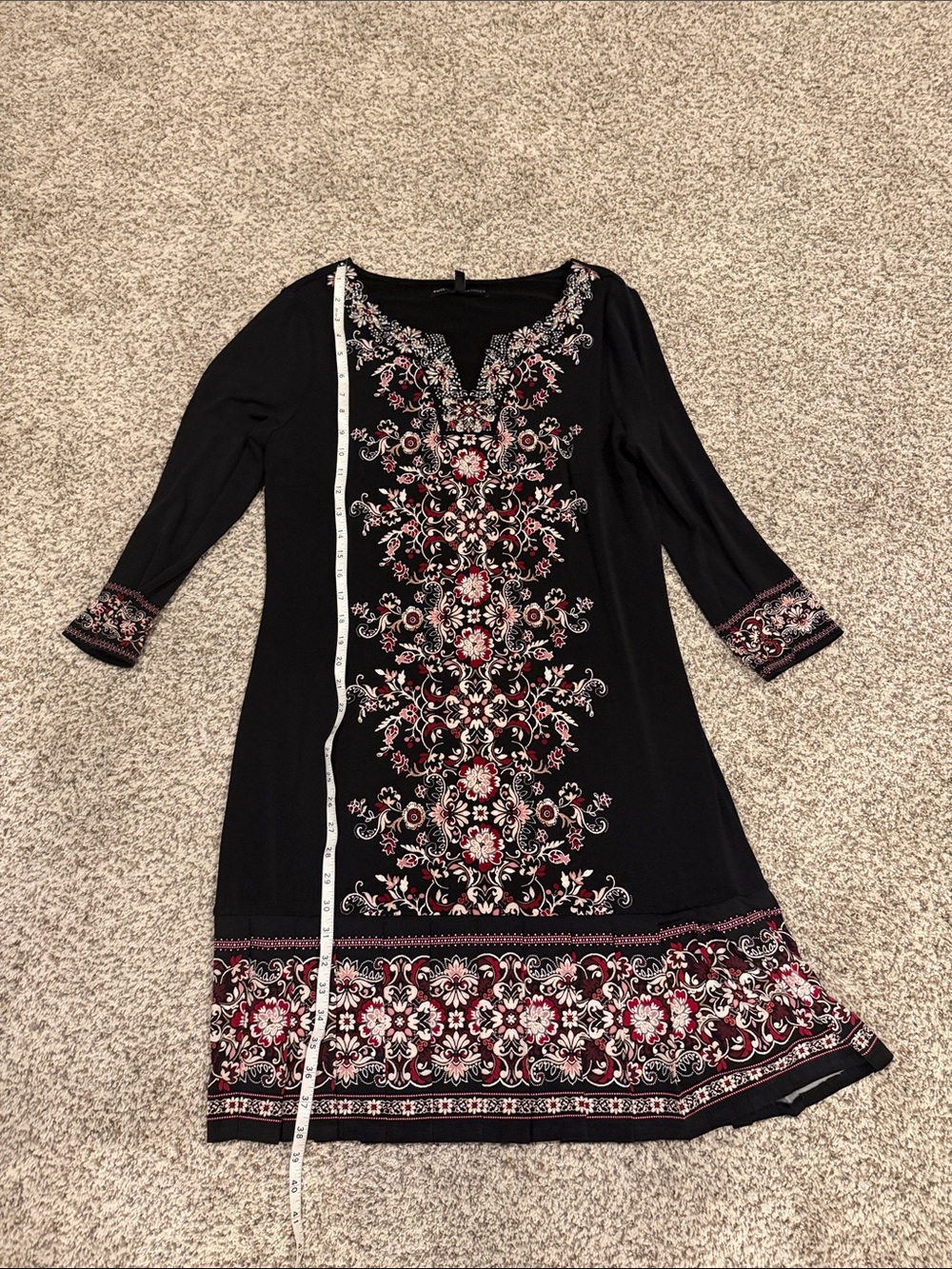 White House Black Market Black Tunic with Pink and Cream Embroidery - Picture 5 of 6
